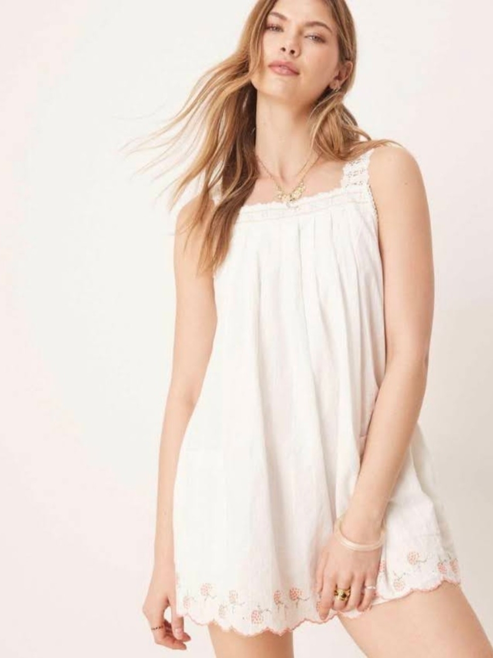 Free People White Lace-Trim Cotton Dress, SZ L, EUC
